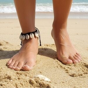 Handmade Cowrie Shell Macrame Anklet – Black Cord Adjustable Beach Jewelry